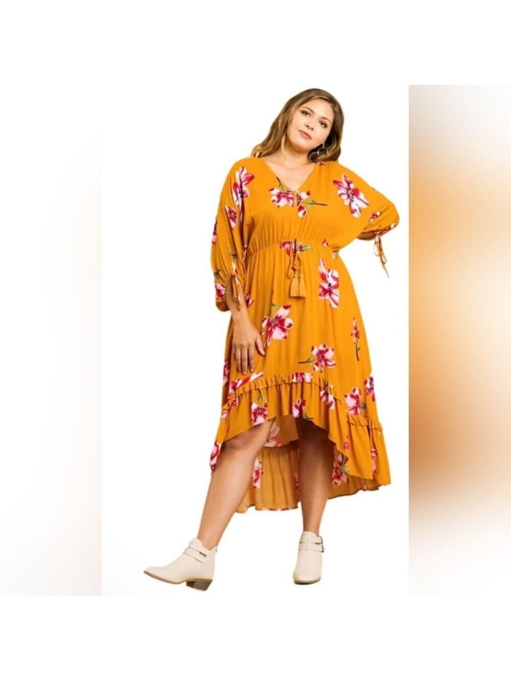 UMGEE Mustard Bohemian Ruffle Bottom Hi-Low Maxi Dress | Floral Boho Midi Dress - Picture 5 of 10